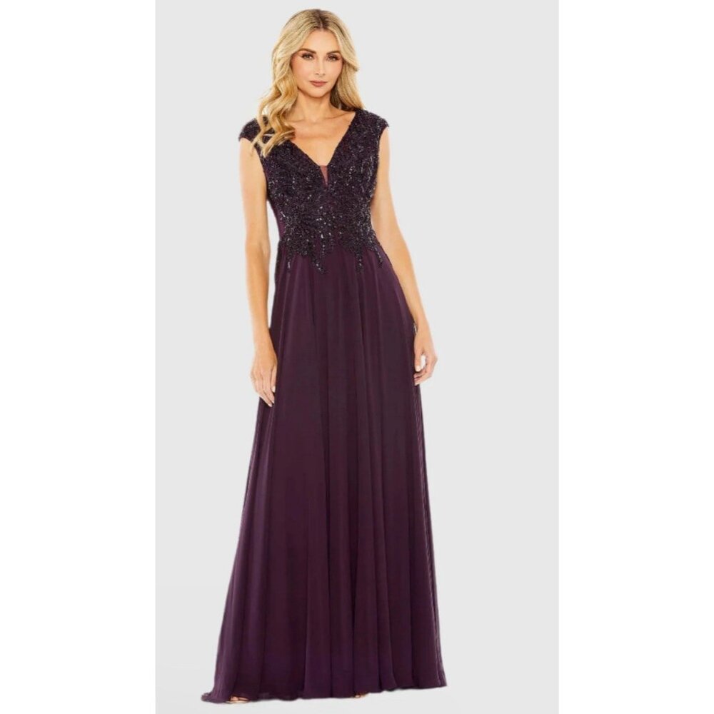 Mac Duggal Gown Dress Size 10 Appliquéd Cap Sleeve‎ Bodice Flown 20264 $598